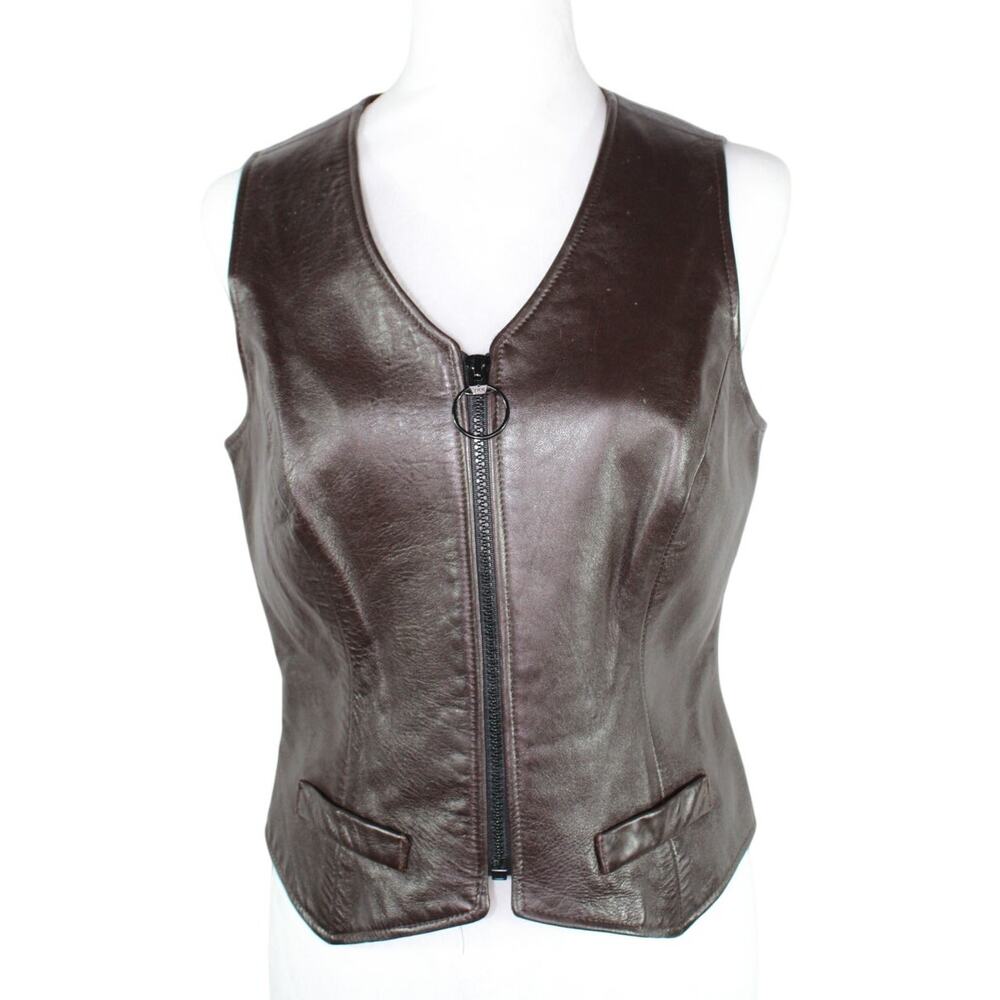 Vintage Nanette Lepore Brown Leather Fitted Vest Top Flattering Black Zipper 10